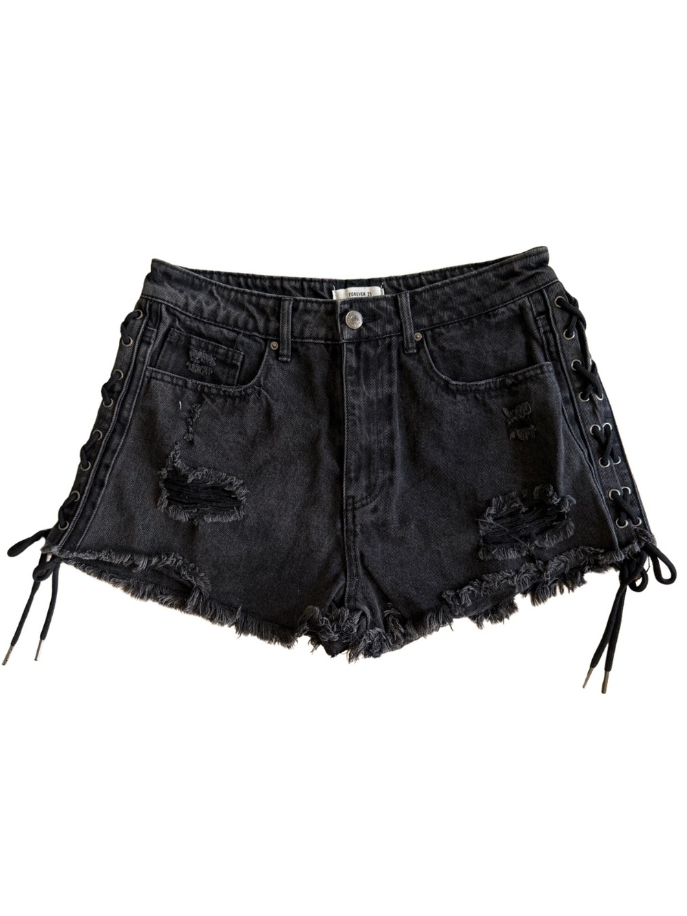 Forever 21 Black Distressed Lace-Up Black High Rise Denim Shorts Womens Size 30